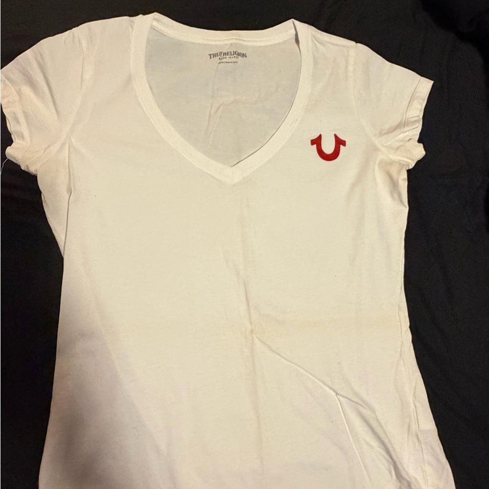 True Religion White V-Neck Tee with Red Horseshoe Logo